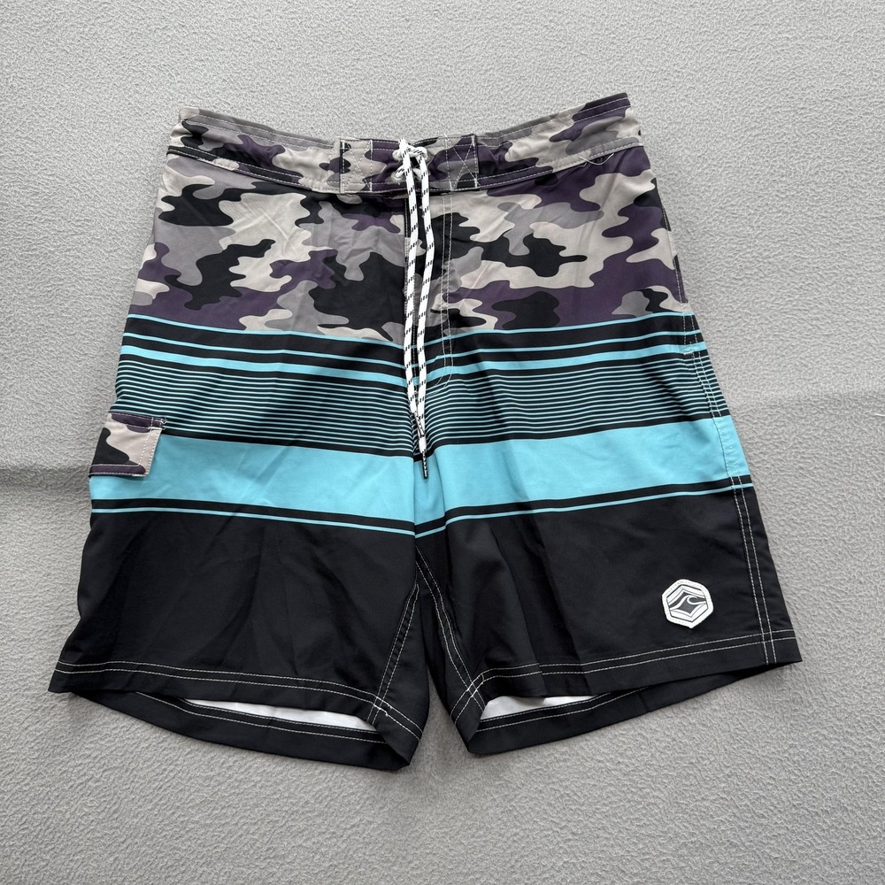 Spicy Tuna Swim Shorts Mens Medium Black Camo Stripe Trunks Mesh UnLined Beach